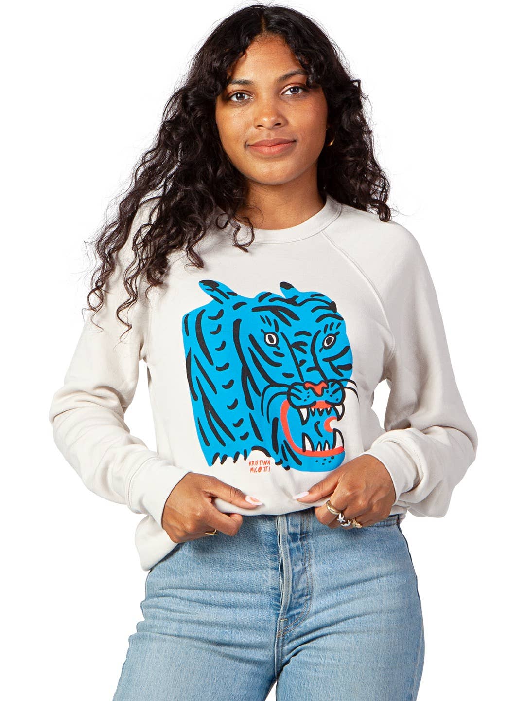 Kristina Micotti Blue Tiger Crewneck Sweatshirt Cream