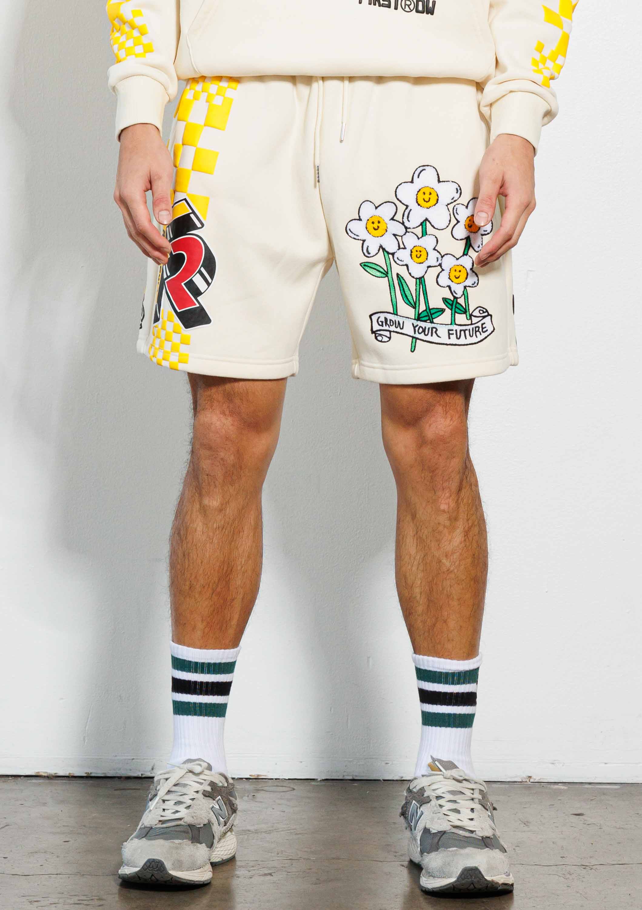 First Row "Grow Your Future" chenille embroidered graphic shorts